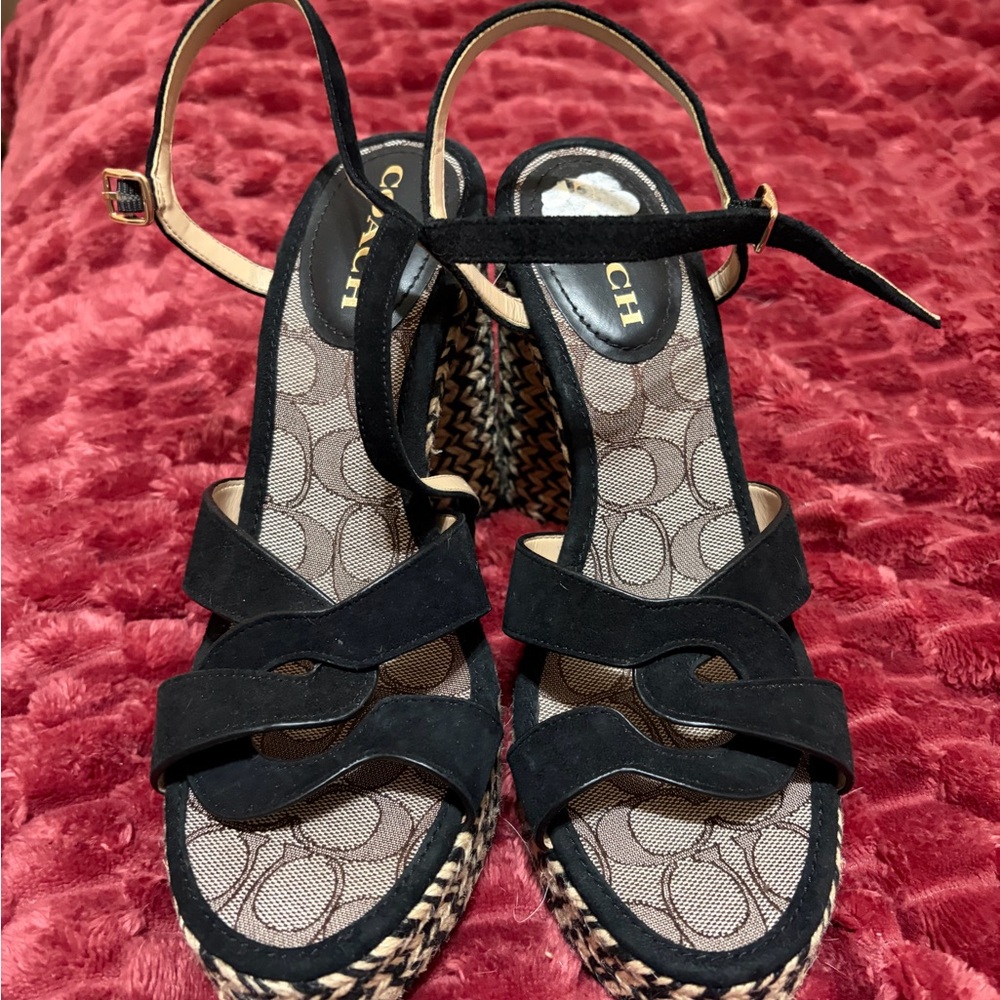 Coach Black and Tan Patterned Wedges